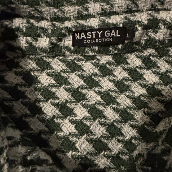 NASTY GAL Houndstooth Green Pattern Fringed Shirt Jacket Women's Size Large - Picture 5 of 8